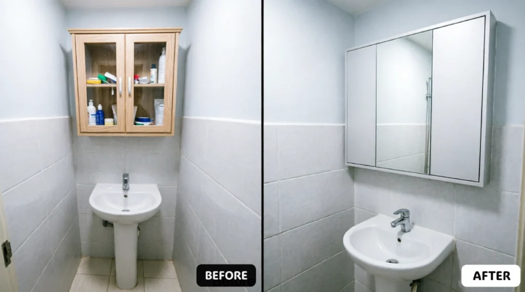 Before and after small bathroom showing wood surface-mount medicine cabinet protruding from wall replaced with recessed mirrored cabinet flush with drywall above pedestal sink, light blue walls with gray tile wainscoting