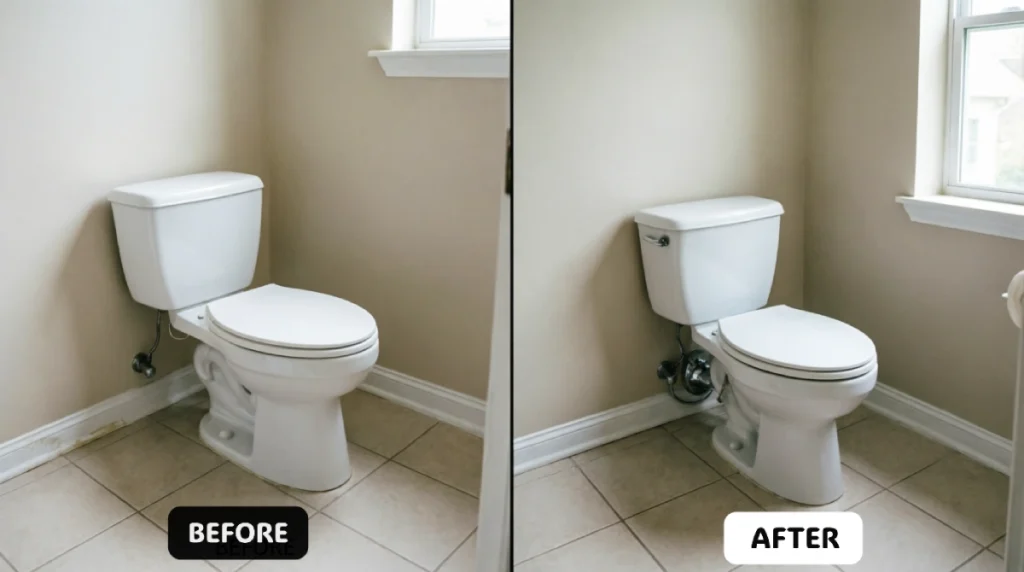 Before and after small bathroom showing standard elongated toilet replaced with compact low-profile toilet projecting 3-4 inches less from wall, beige walls with tan tile floor and white trim