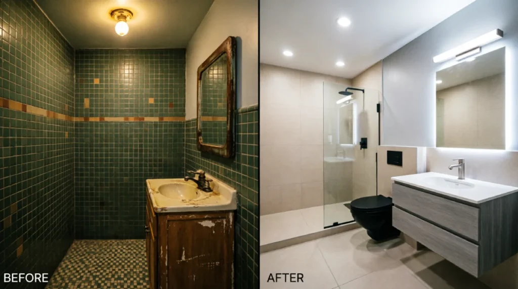 Before and after small bathroom remodel in California home showing transformation from 1940s green mosaic tile with dated wood vanity to modern design with LED recessed lighting, frameless glass shower, floating gray vanity, and neutral large-format tiles