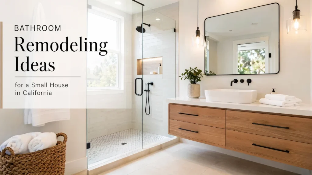 Modern small bathroom remodel featuring frameless glass walk-in shower with white subway tile and black fixtures, floating wood vanity with vessel sink, large black-framed mirror, pendant Edison bulb lighting, and woven basket storage, California small house design