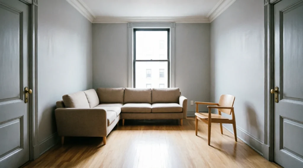 Small New York apartment living room demonstrating furniture subtraction with a compact loveseat and single armchair properly spaced in a 12x14 footprint, leaving open floor space instead of an oversized sectional