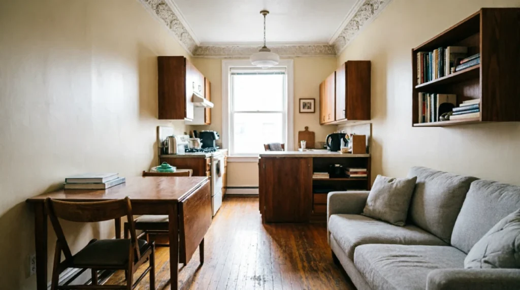 Pre-war New York small home interior showing galley kitchen and compact living area with original crown molding, hardwood floors, and functional furniture layout in 800 square foot Brooklyn apartment