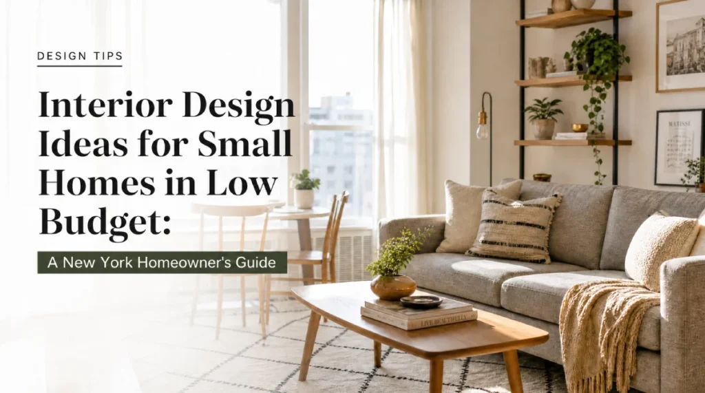 Sunlit compact living area featuring a grey textured sofa, mid-century coffee table, and industrial pipe shelving unit holding greenery. Overlay text: "Interior Design Ideas for Small Homes in Low Budget: A New York Homeowner's Guide