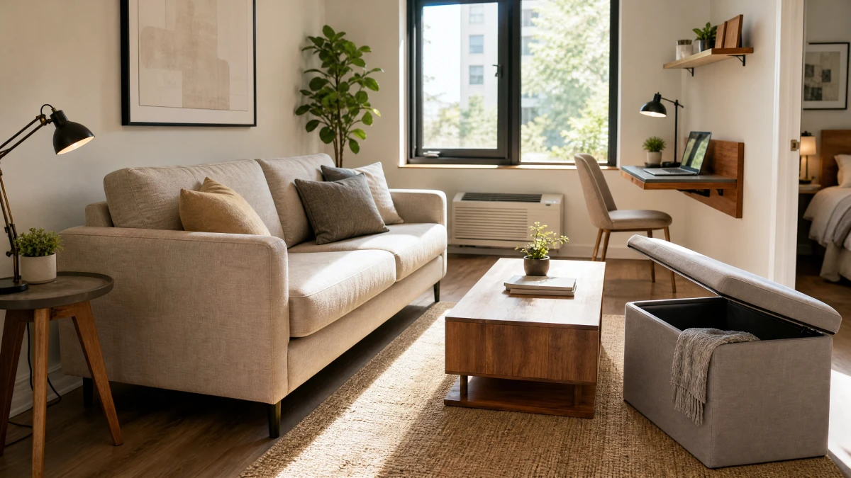 Easy DIY Living Room Decor Ideas for Studio Apartments - DIY Projects - Homedecortoday Beige sofa with throw pillows in bright living room, wall-mounted wooden desk with laptop, open gray storage ottoman, walnut coffee table on natural jute rug, black adjustable floor lamp, potted plants, large windows with urban view