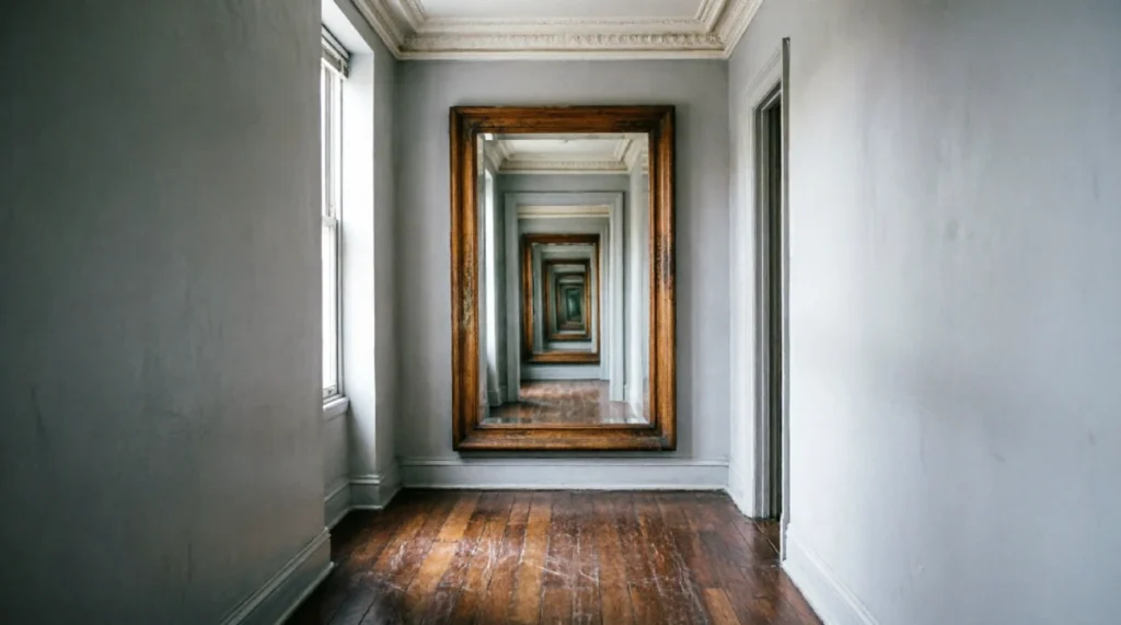Narrow hallway in 1940s New York pre-war apartment with large wood-framed mirror at end of corridor reflecting light and doubling visual depth, light gray walls, hardwood floors, crown molding, budget mirror placement strategy under $90