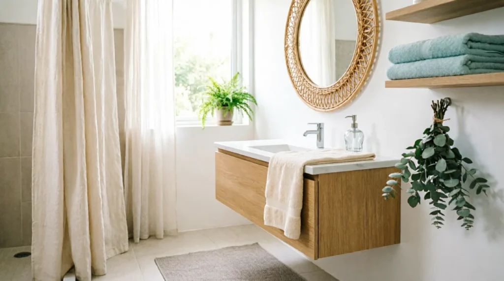 Bright summer bathroom with cream linen shower curtain, round rattan mirror, light wood floating vanity, fresh eucalyptus bundle, sage green towels on open shelving, potted fern by window, and natural fiber bath mat creating airy spa-like atmosphere