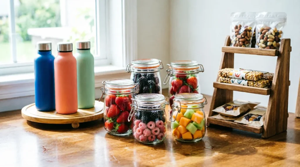 Summer kitchen organization system featuring bamboo lazy susan with reusable water bottles, glass jars with pre-cut berries and melon, wooden tiered riser holding granola bars and nuts on natural wood countertop near window