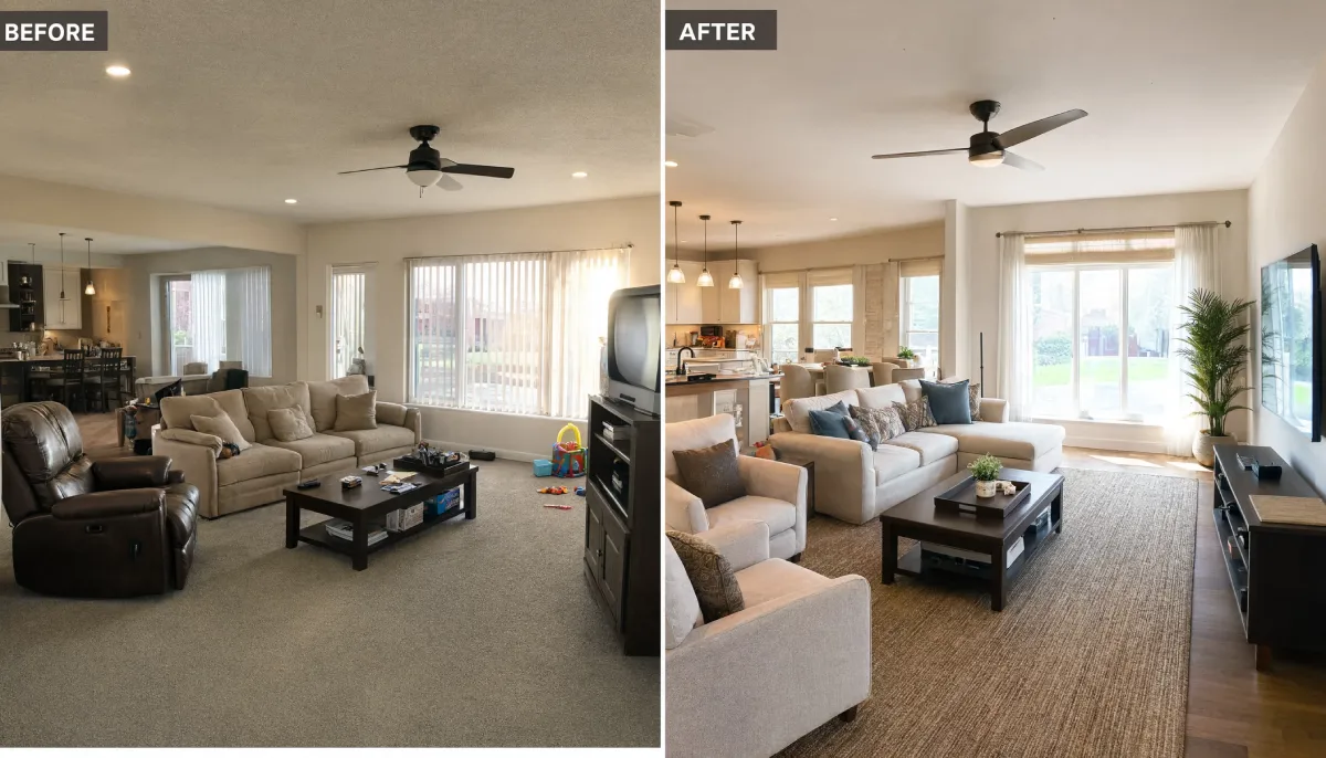 Before and after living room renovation showing replacement of carpet with hardwood floors and area rug, removal of leather recliner for armchairs, and update from CRT TV to flat screen.