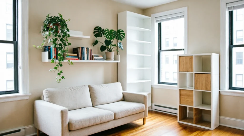 Small New York house living room with vertical storage solutions including floor-to-ceiling white bookcase, wall-mounted floating shelves above sofa holding books and plants, IKEA KALLAX cube organizer with wood baskets, maximizing wall space in 700 square foot pre-war unit