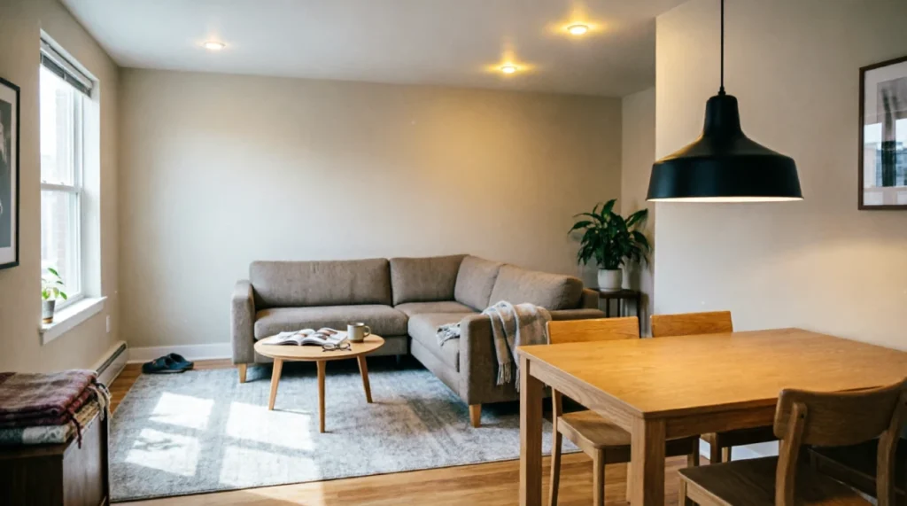 Small open-plan apartment interior showing visual zoning with an 8x10 area rug anchoring the living room seating area, separate dining zone with pendant lighting, and strategic furniture arrangement to define spaces without walls