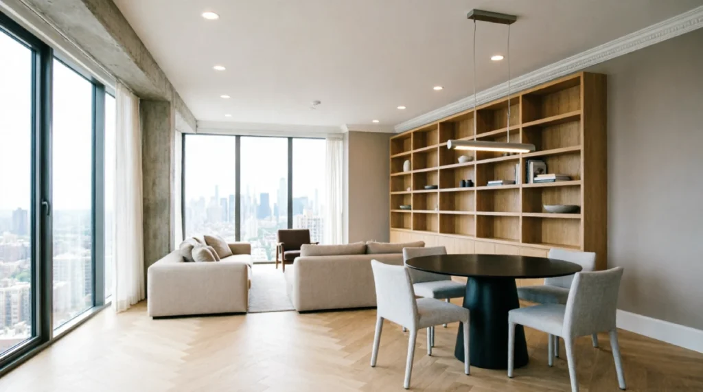 Interior Design Ideas for a Modern House in New York - Interior Design - Homedecortoday Open-concept living and dining area in New York house featuring white oak herringbone floors, built-in shelving, greige walls, and floor-to-ceiling windows with city views