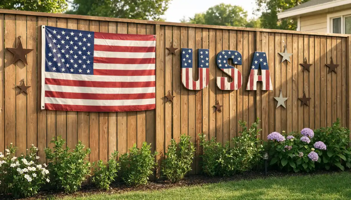 American flag and USA letter wall decor displayed on wooden backyard fence with garden plants