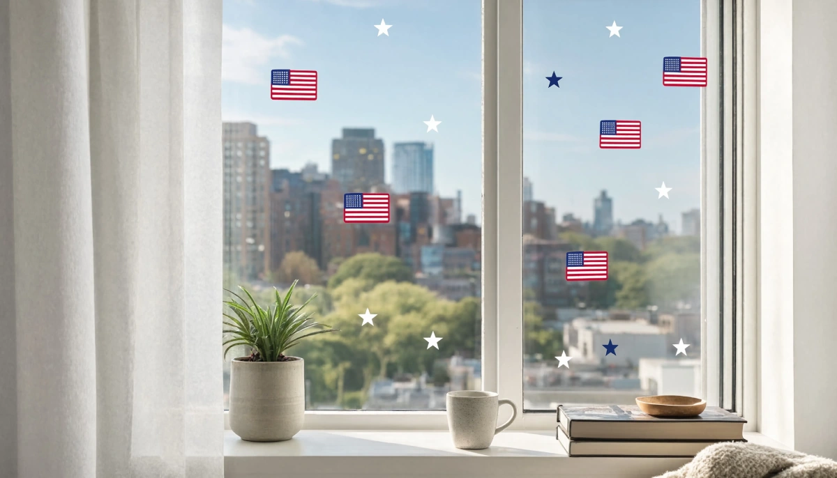 American flag decals and stars on window with cityscape view and windowsill decor