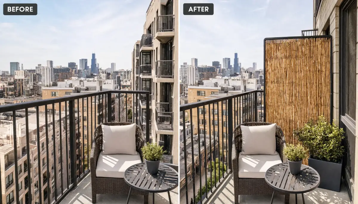 Urban apartment balcony before and after adding a freestanding bamboo privacy screen and a large square planter box next to a wicker armchair and bistro table with the Chicago skyline in the background.