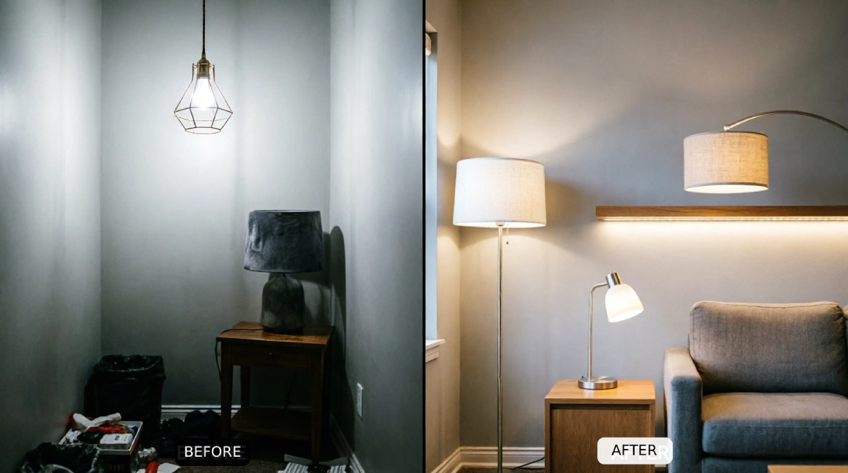 Apartment lighting before after showing single pendant overhead and dark lampshade replaced with layered floor lamps linen shades LED strip lighting under shelf and adjustable desk task lamp eliminating dark corners