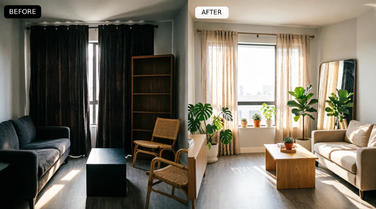 LA apartment before after showing heavy black velvet curtains dark bookshelf blocking window and navy sofa transformed to sheer linen curtains cleared window area large mirror opposite window reflecting sunlight light furniture and plants on windowsill maximizing south facing exposure