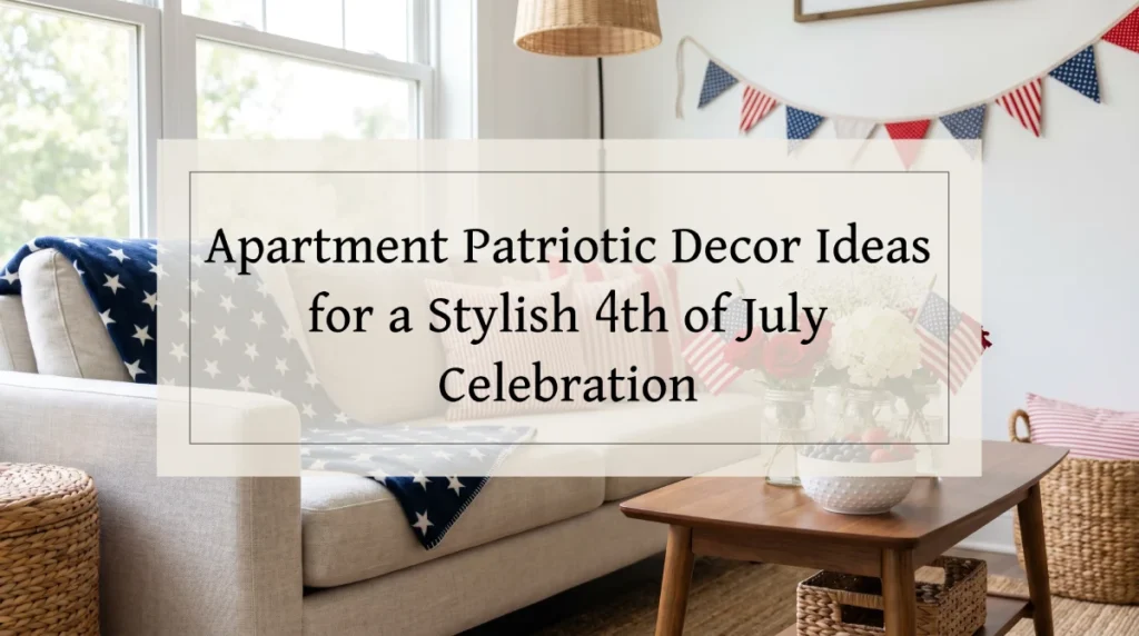 Living room scene with patriotic bunting and star blanket featuring text about 4th of July decor ideas.