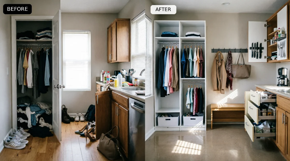 small apartment before after showing disorganized closet with clothes on floor scattered shoes entryway chaos and cluttered kitchen cabinets transformed to white closet organizer system wall-mounted hook rail storage bench and kitchen pull-out shelves with cabinet door knife utensil organizers