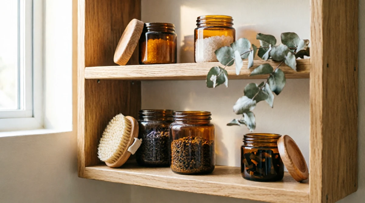 A curated display of bath salts and oils in a bright bathroom, bringing a summer apothecary feel