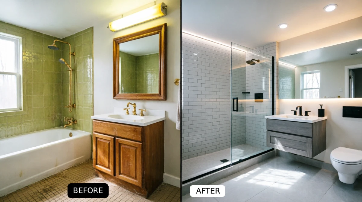 1980s avocado green tile bathroom with oak vanity brass fixtures and mosaic floor completely gutted renovated to white subway tile shower gray floating vanity quartz countertop matte black fixtures large gray porcelain floor tile LED lighting frameless mirror mid-range full remodel same layout