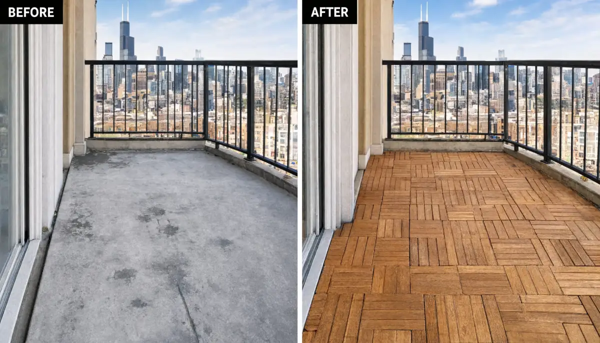 Before and after balcony flooring upgrade featuring interlocking wood deck tiles on a high rise Chicago balcony with panoramic downtown skyline views.