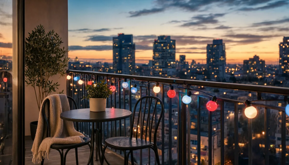 Balcony with red white and blue string lights overlooking a city skyline at sunset.