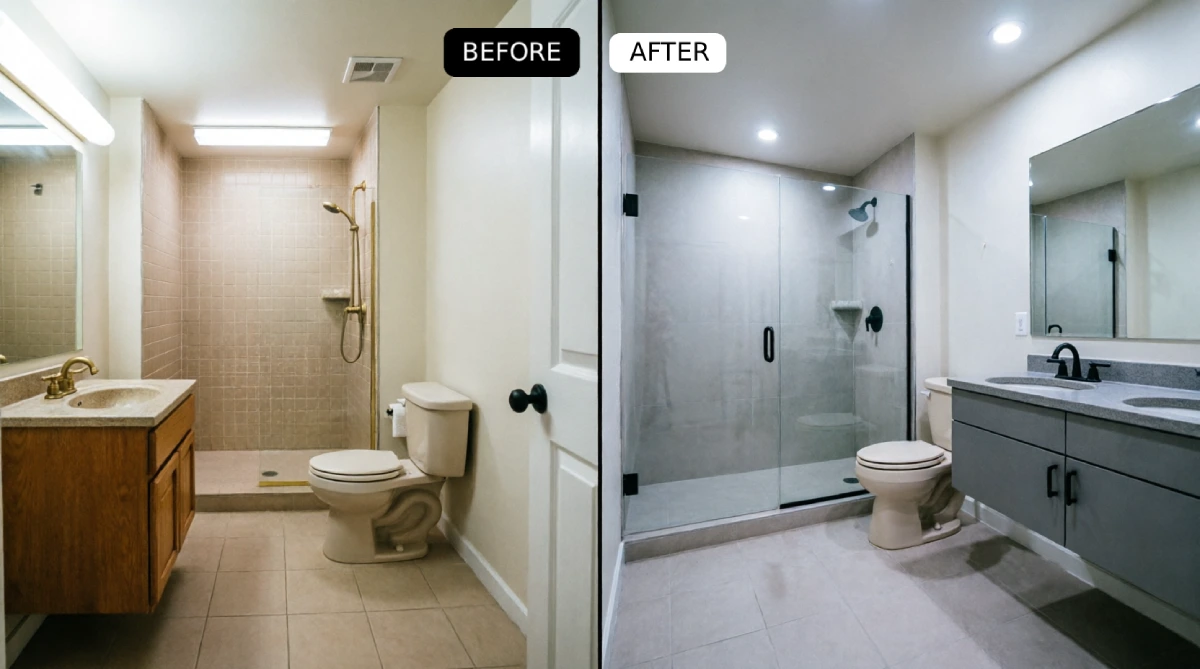 1980s beige tile bathroom with oak vanity small shower toilet next to shower completely reconfigured layout with relocated toilet expanded frameless glass shower gray floating double vanity large format tile flooring recessed LED lighting matte black fixtures full remodel with plumbing moves floor plan changes