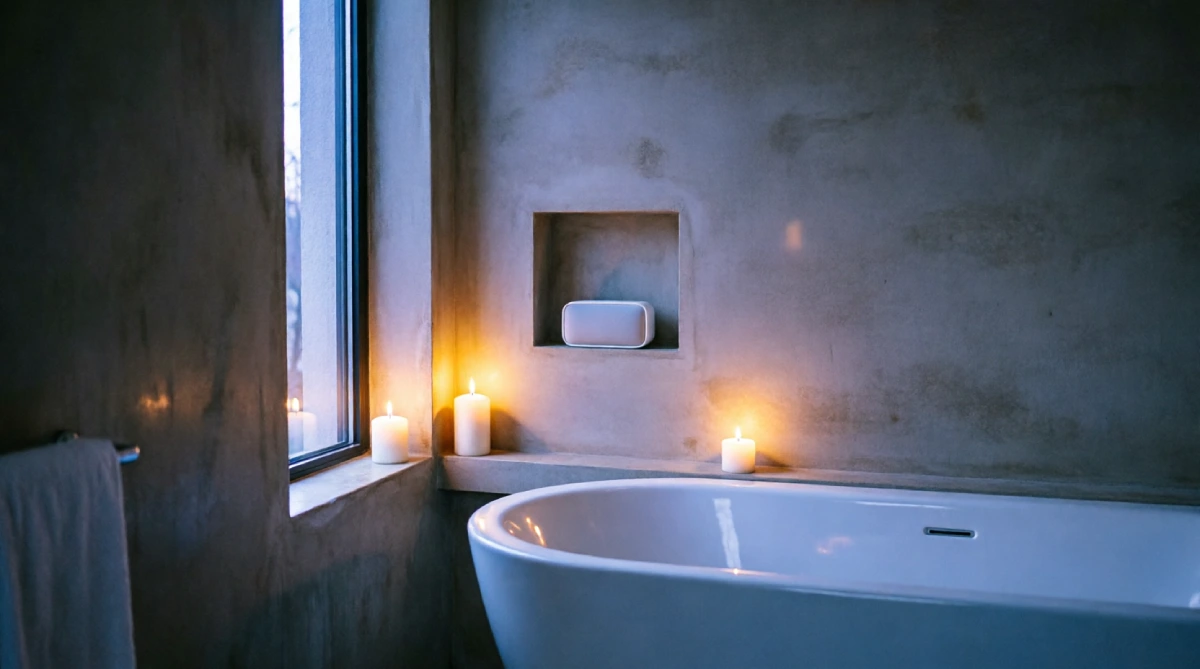 A discreet speaker creating a calming soundscape in a luxury summer bathroom