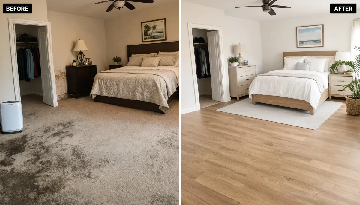 Before and after bedroom flooring renovation featuring worn stained carpet replaced with light wood flooring, neutral furnishings, and a fresh modern coastal aesthetic