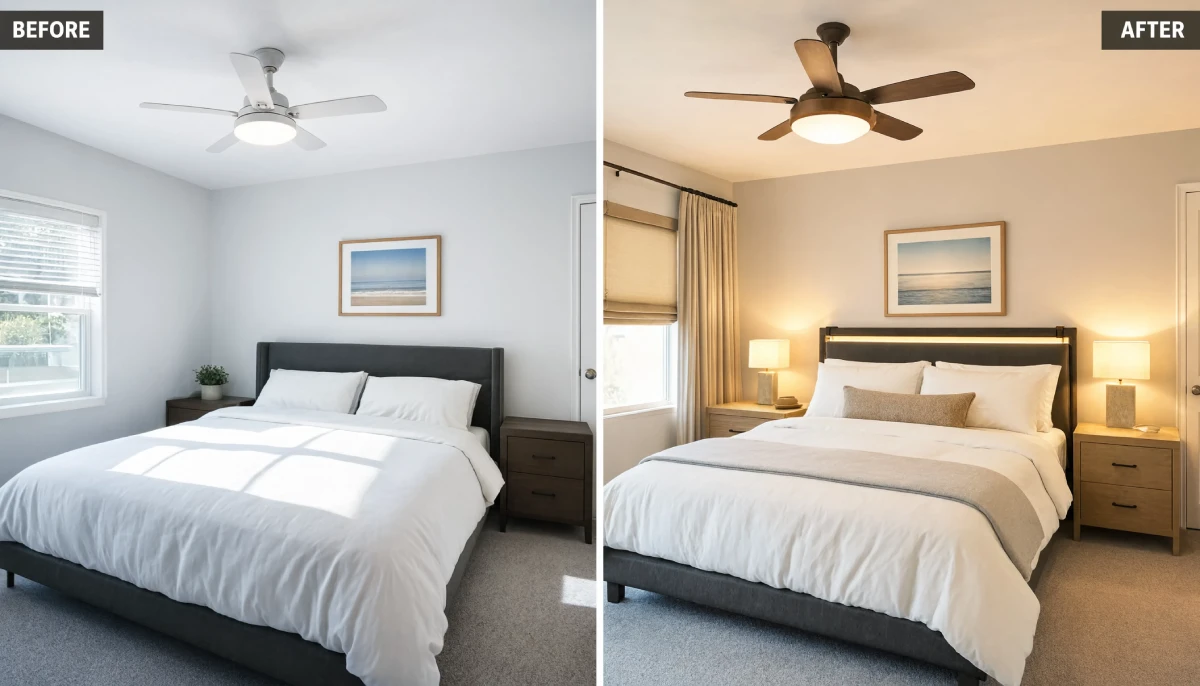 Before and after bedroom lighting makeover featuring upgraded ceiling fan, layered bedside lighting, warm neutral decor, and enhanced ambient illumination