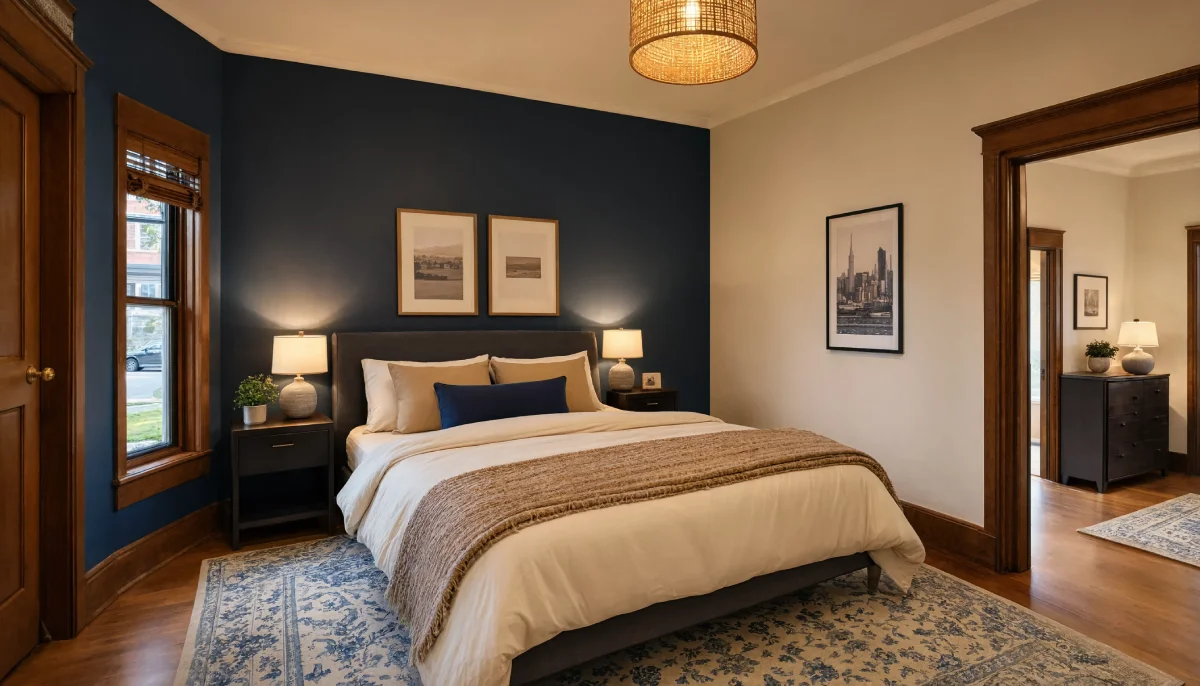 Bedroom featuring a navy blue accent wall behind an upholstered bed with neutral bedding, dark wood window and door trim, a woven pendant light, and a blue patterned rug on hardwood floors.