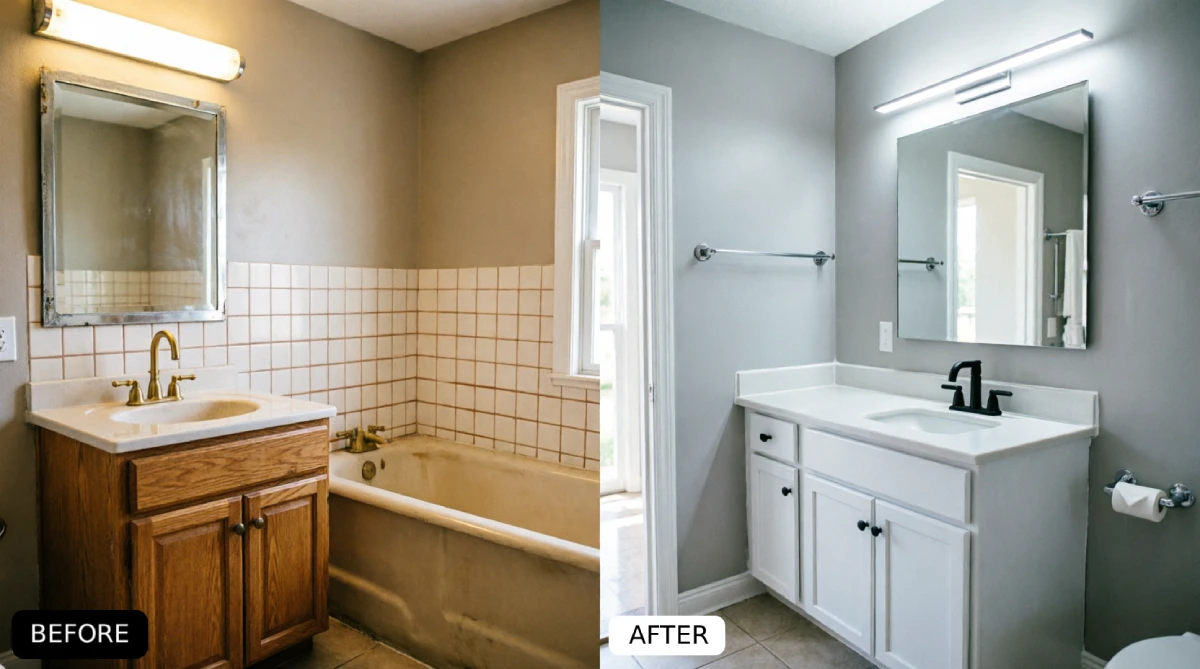 1980s beige bathroom with oak vanity and brass fixtures updated with light gray paint white shaker cabinets quartz countertop matte black faucet LED lighting and modern hardware cosmetic refresh only