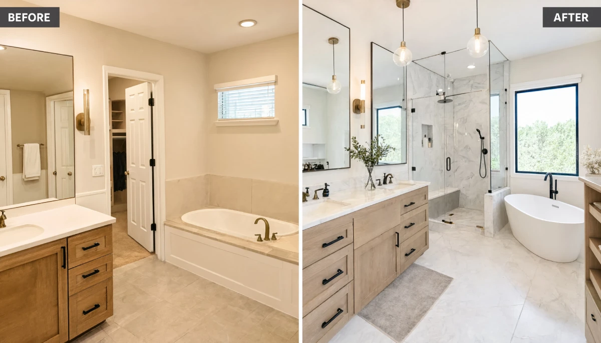 2000s beige bathroom with built-in tub oak vanity single sink converted to luxury spa bathroom with white marble tile frameless glass shower freestanding white tub double vanity light wood cabinets globe pendant lights black fixtures window with black trim full bathroom remodel