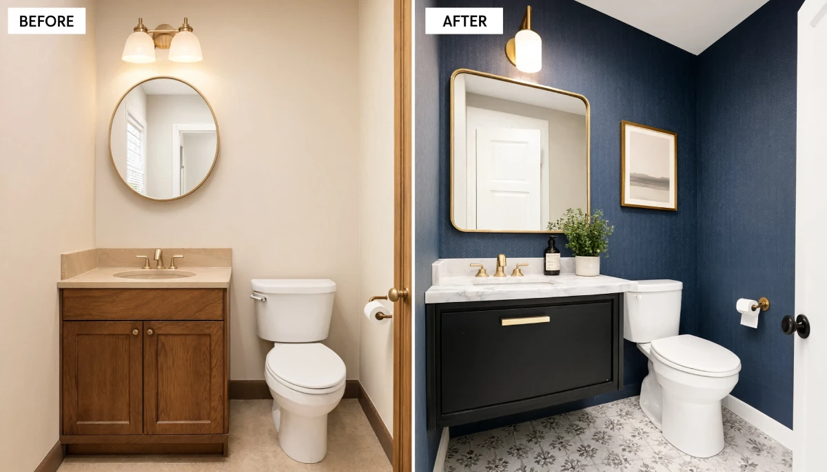 2000s beige powder room with oak vanity cultured marble top round mirror and brass fixtures updated with navy blue textured walls black floating vanity white marble countertop rectangular gold frame mirror patterned cement tile flooring modern brass lighting fixture cosmetic refresh