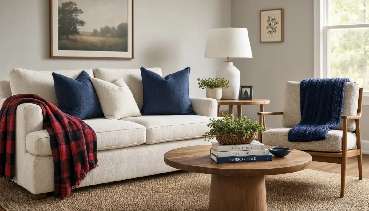 A beige sofa with navy pillows and a red plaid blanket sits next to a wooden armchair and round coffee table holding books.