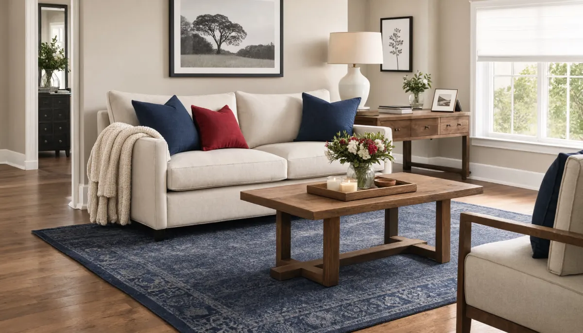 A beige sofa with navy and red pillows sits on a blue patterned rug, facing a wooden coffee table with flowers and candles.