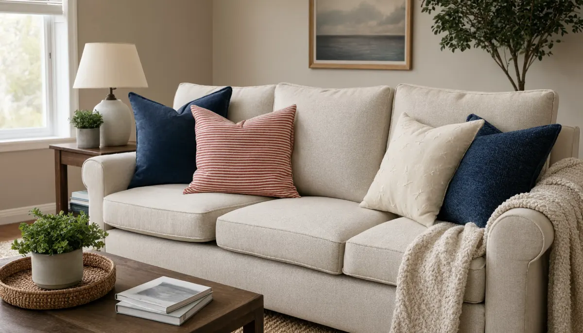 A beige sofa features navy blue and red striped pillows with a cream knit throw blanket in a bright living room.