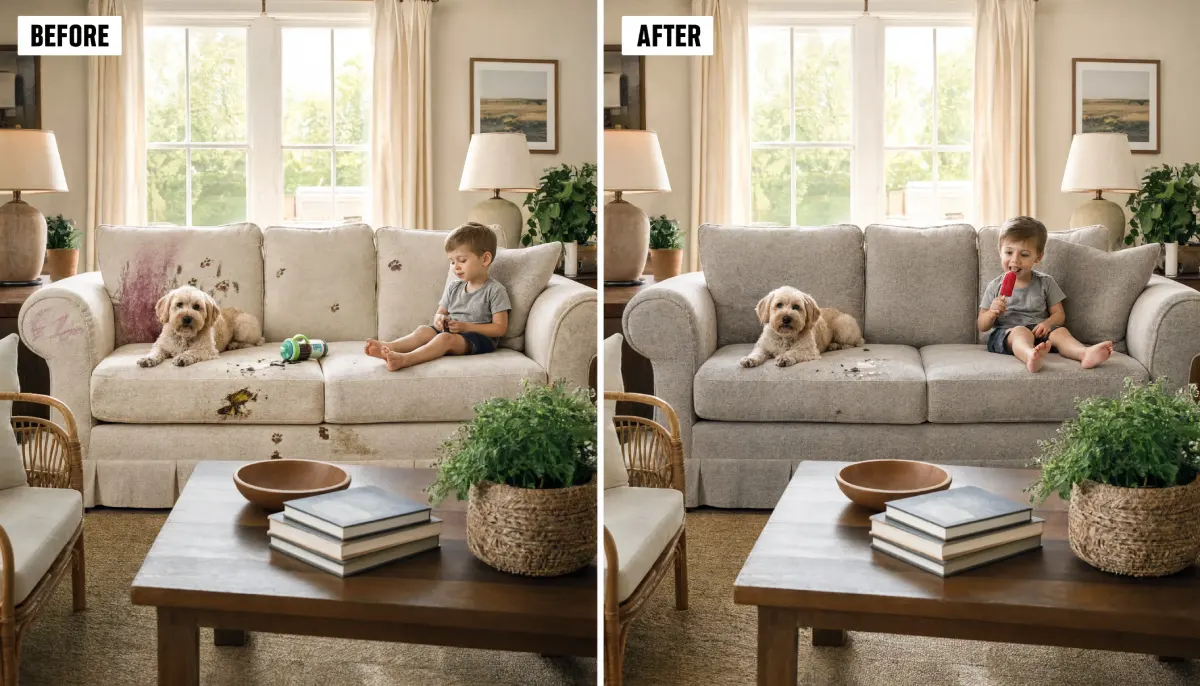 Before and after professional sofa cleaning removing mud paw prints, purple marks, and food spills from beige upholstery with a dog and toddler present.