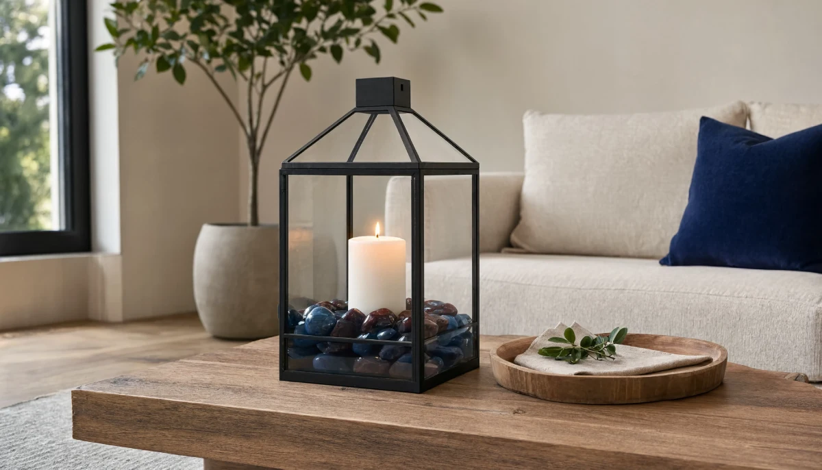 A black geometric lantern with a lit candle and blue stones sits on a wooden coffee table next to a tray with greenery.