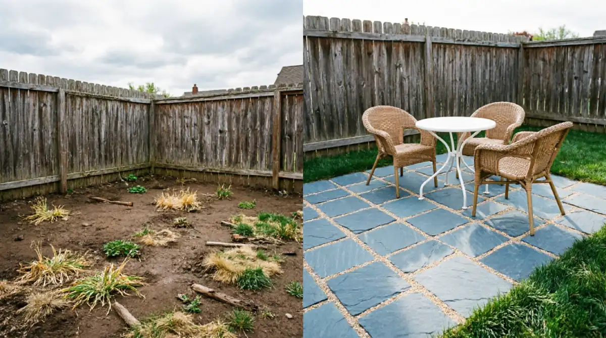 Before and after backyard corner showing bare soil with weeds transformed into blue-gray bluestone flagstone patio with sand-filled joints and wicker bistro seating area