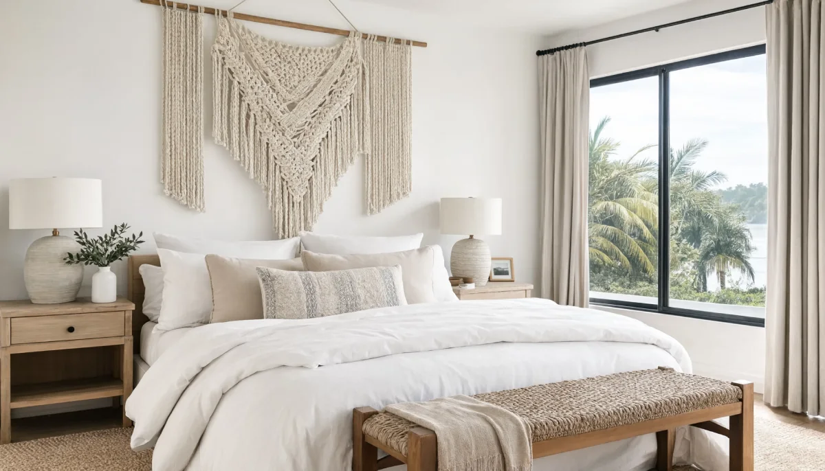 Neutral boho bedroom featuring a large macrame wall hanging, white bedding, and a window overlooking palm trees.