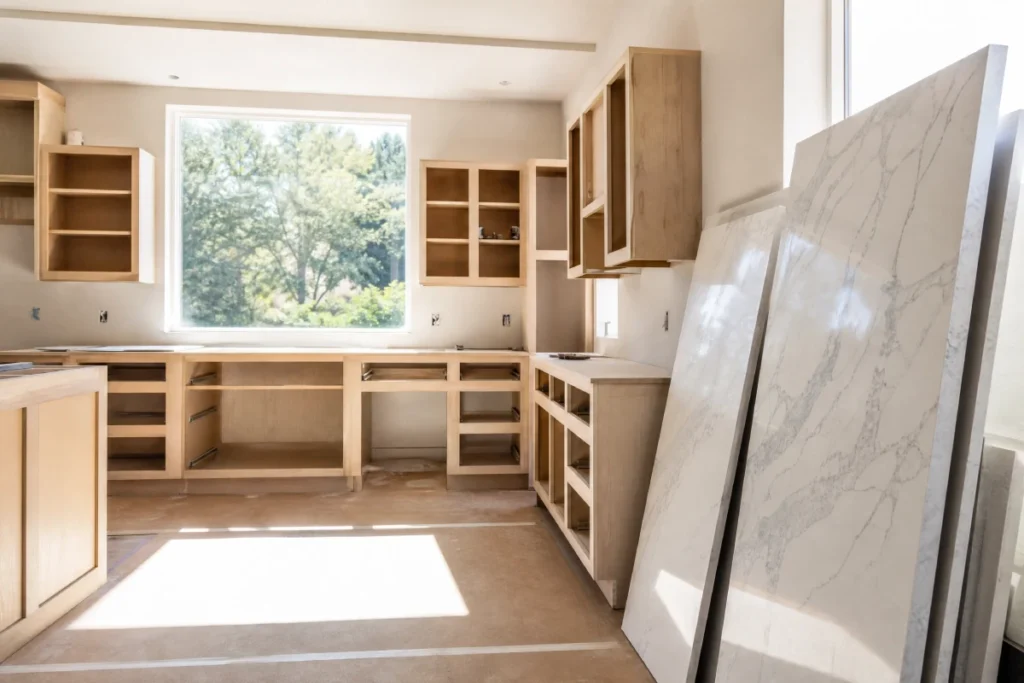 Kitchen Remodeling Cost in California: What Homeowners Actually Pay in 2026 - Remodeling - Homedecortoday California kitchen remodel in progress with new quartz countertops and open cabinet frames