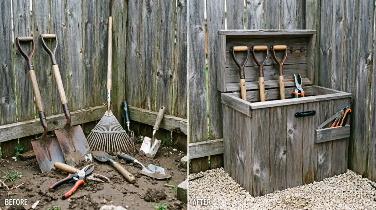 Before and after backyard corner showing scattered garden tools on muddy ground replaced with cedar storage box featuring hinged lid, organized shovel and rake storage inside, side pocket holding pruning shears and hand tools, gravel base