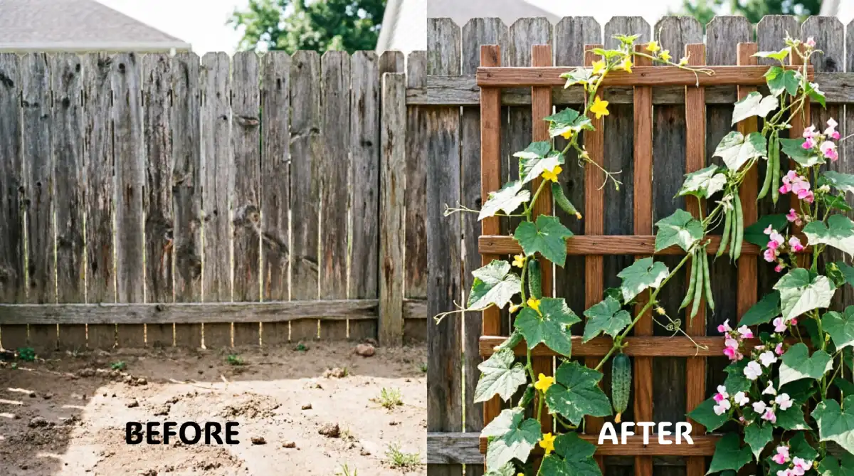 Before and after backyard fence showing bare weathered wood and empty ground transformed with cedar trellis supporting climbing cucumber vines with yellow flowers, green pole beans, and pink sweet pea blossoms