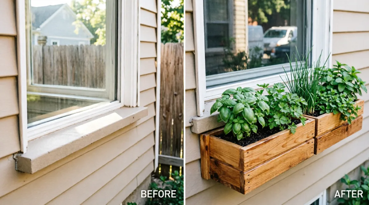 Before and after exterior window showing bare beige siding windowsill transformed with mounted cedar window boxes planted with basil, parsley, chives, and mint herbs in dark potting soil