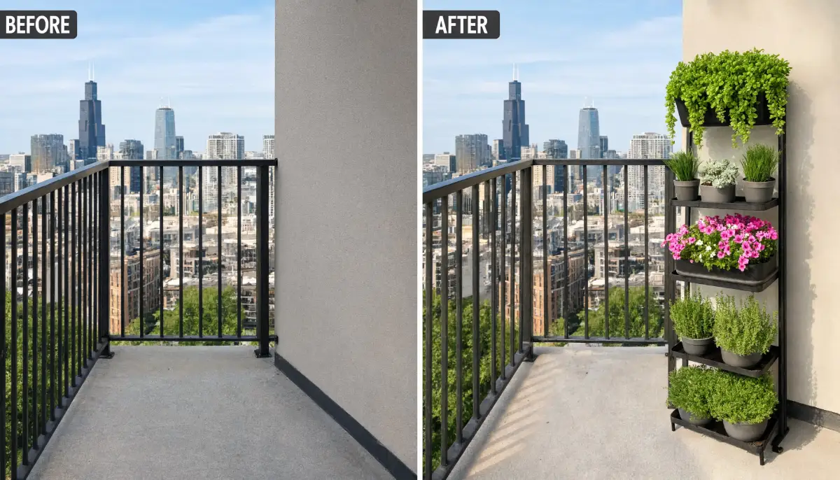 Small high rise apartment balcony before and after adding a vertical black tiered plant stand filled with green herbs and pink flowers against a concrete wall overlooking the Chicago skyline.