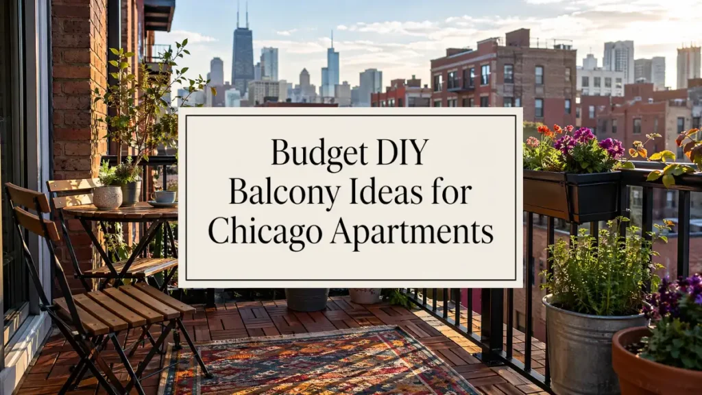 Cozy Chicago apartment balcony with wooden bistro furniture, colorful flower planters, outdoor rug, and skyline views in warm evening light