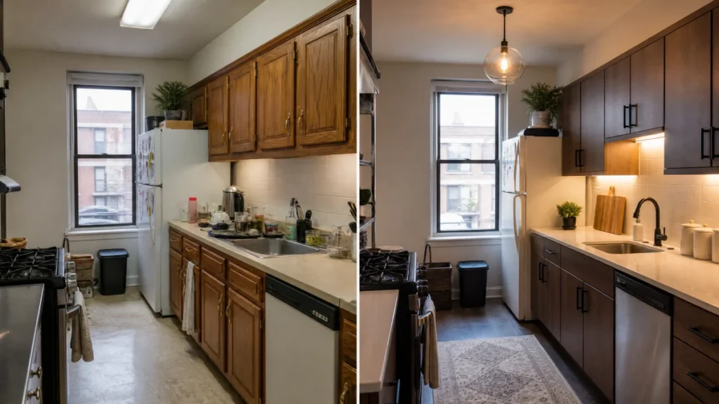 Modern Small Apartment Design Ideas for Chicago's Tight City Spaces - Interior Design - Homedecortoday Small Chicago apartment kitchen update with new cabinet hardware and under-cabinet LED lighting