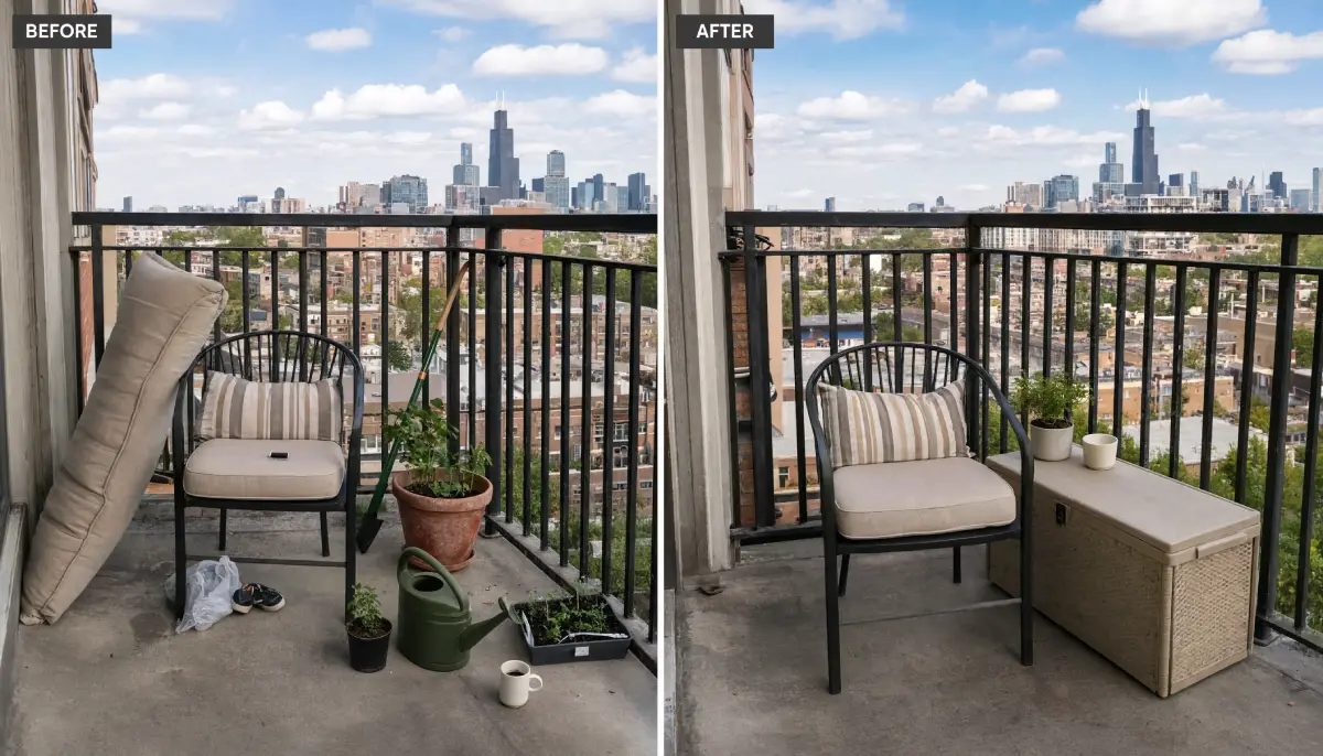 Cluttered city apartment balcony before and after adding a beige wicker outdoor storage bench next to a patio armchair overlooking the Chicago skyline.