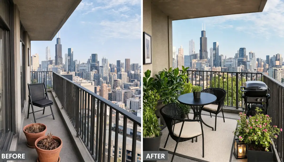 Before and after makeover of a narrow high rise Chicago balcony featuring outdoor dining furniture, lush potted plants, decorative lighting, and skyline views overlooking downtown skyscrapers.
